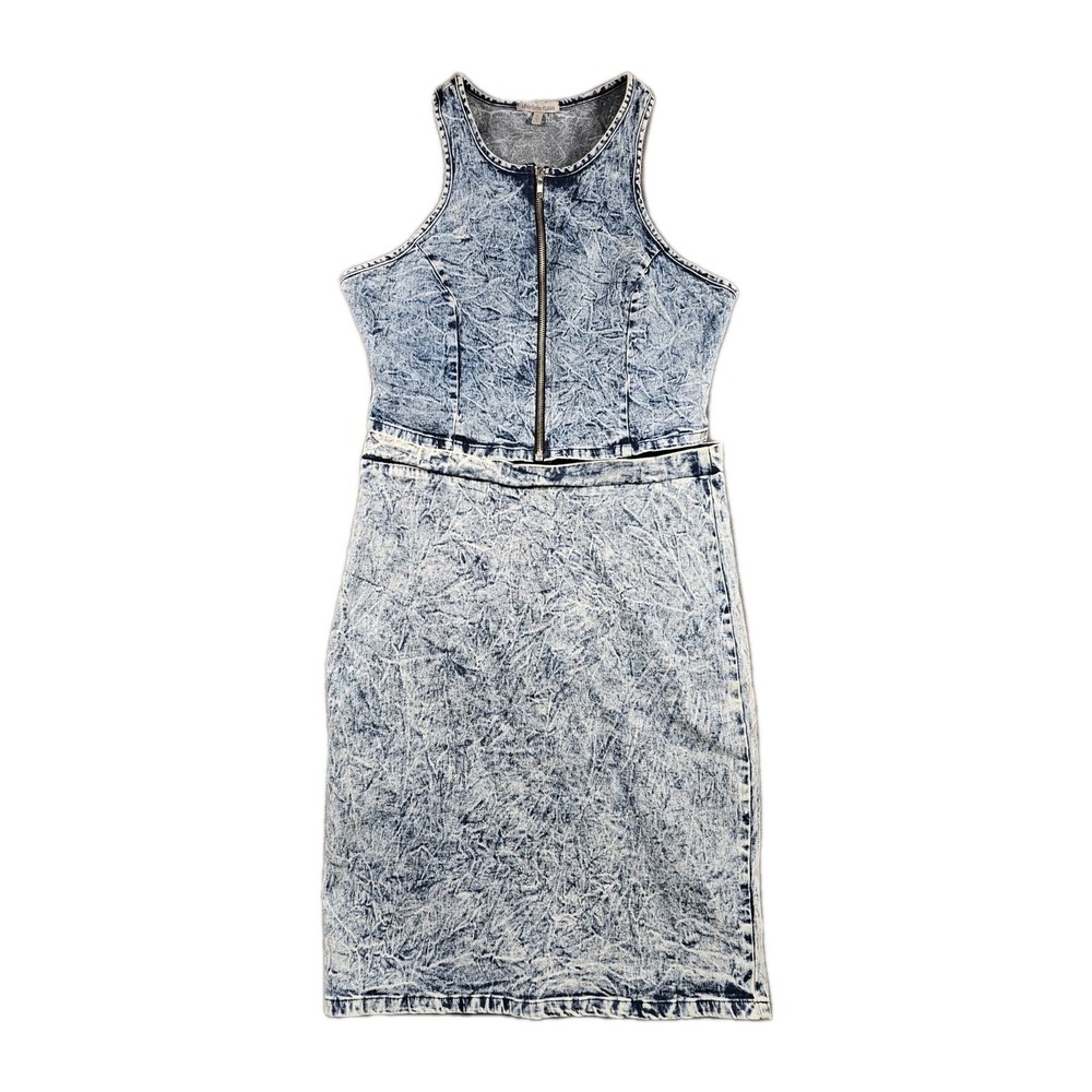 Charlotte Russe Acid Wash Denim 2 Pc Set Womens XL Zip Crop Top Skirt Y2K